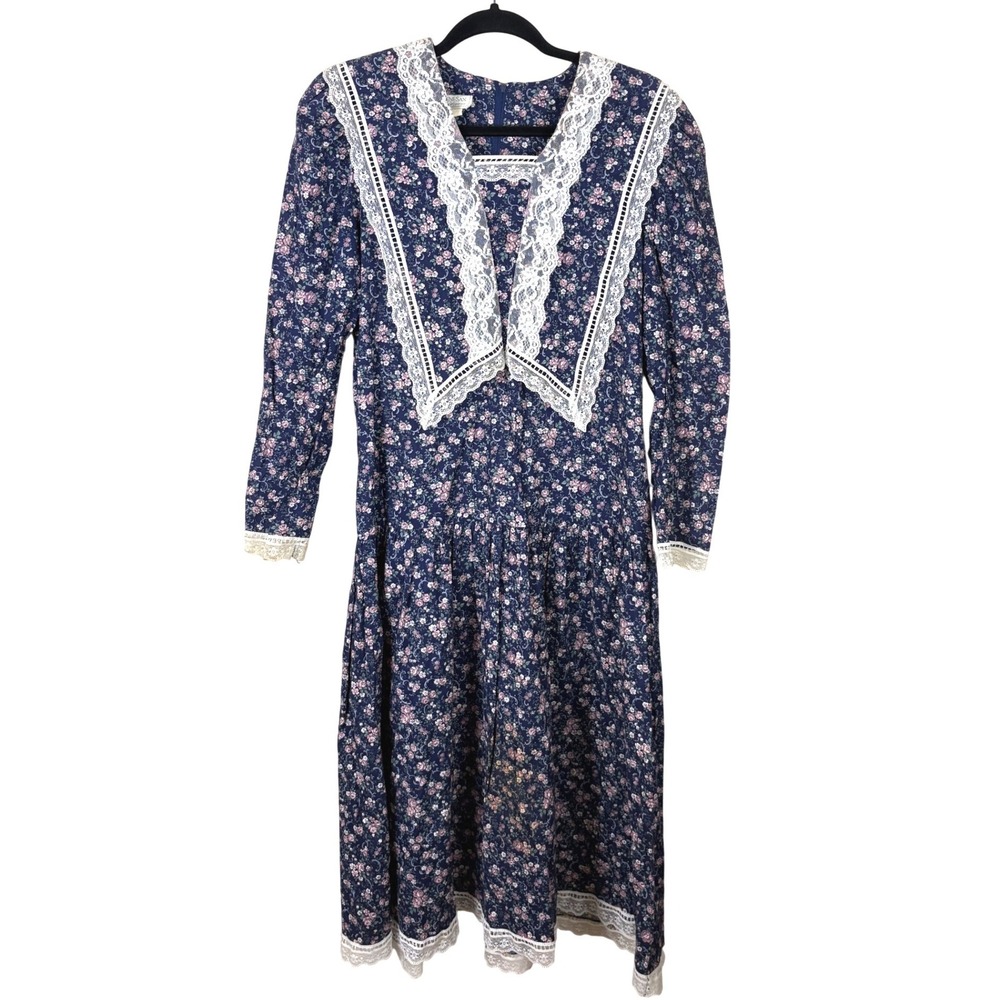 Vintage Jessica McClintock Floral Lace Sailor Collar Midi Dress Navy Blue Sz 11